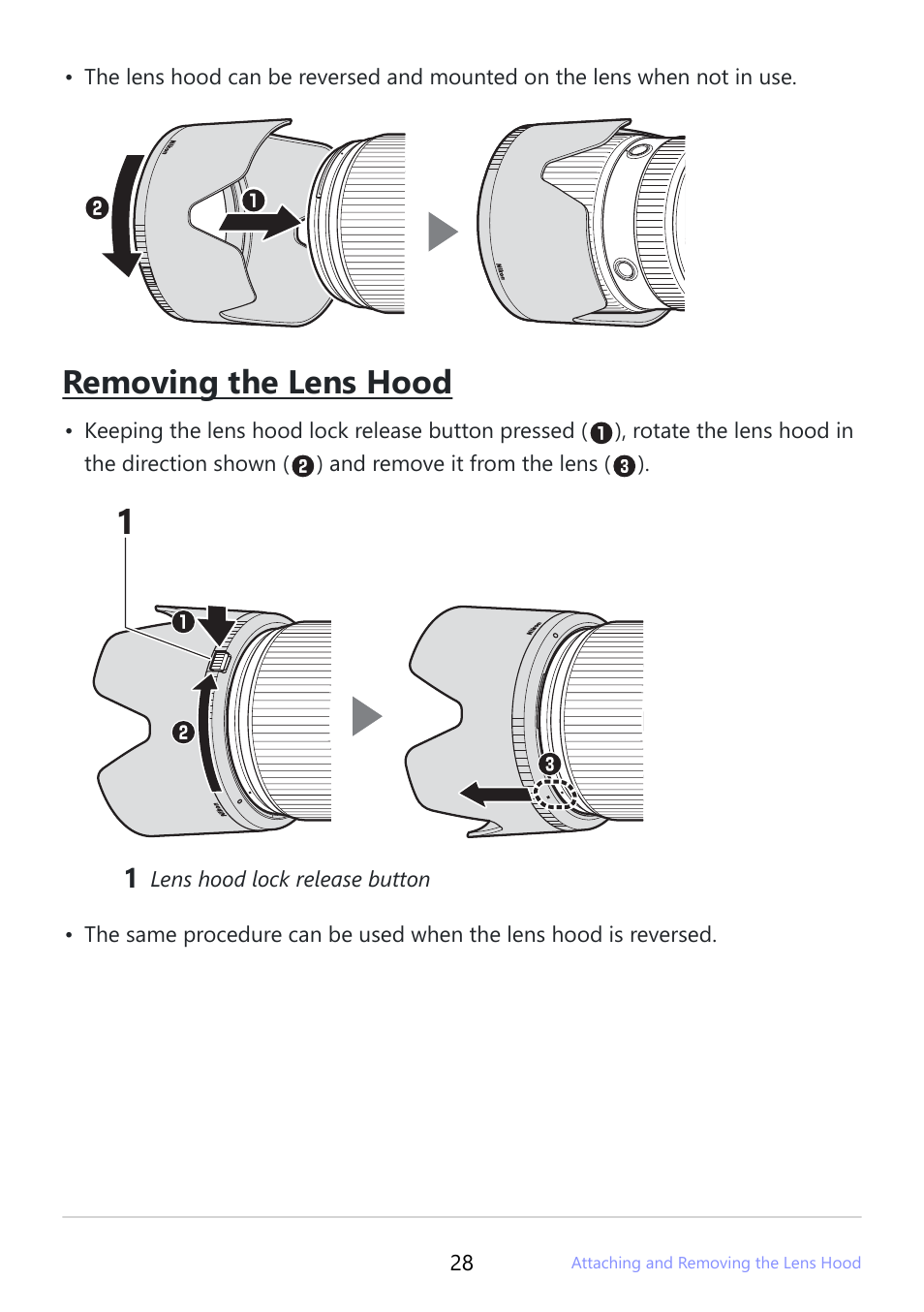 Removing the lens hood | Nikon NIKKOR Z 100-400mm f/4.5-5.6 VR S Lens User Manual | Page 28 / 42