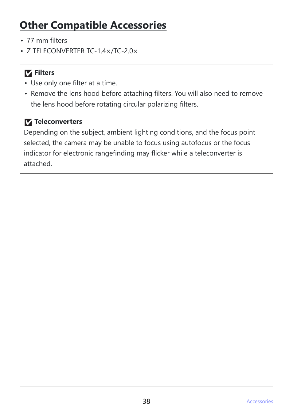 Other compatible accessories | Nikon NIKKOR Z 100-400mm f/4.5-5.6 VR S Lens User Manual | Page 38 / 42