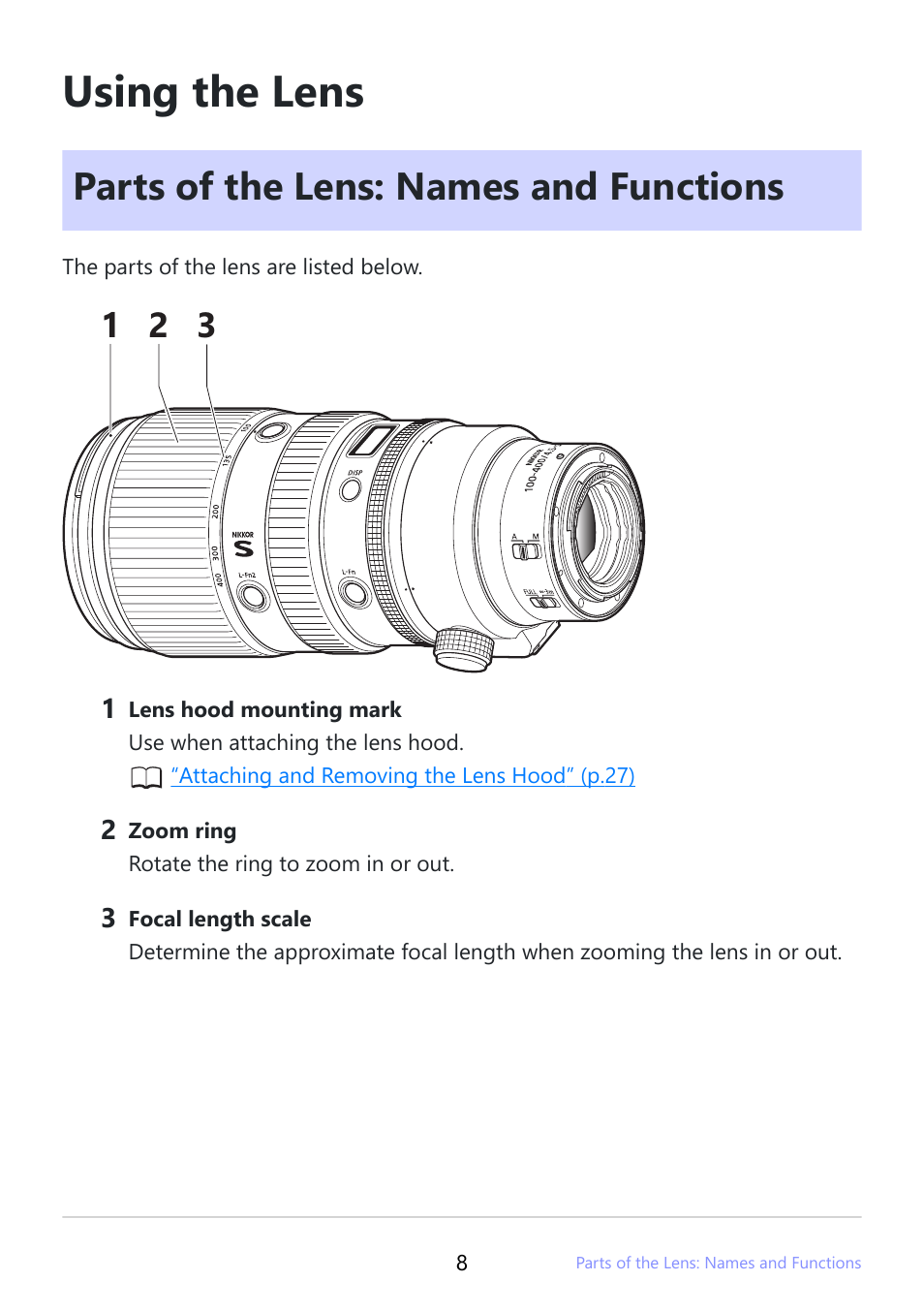 Using the lens, Parts of the lens: names and functions | Nikon NIKKOR Z 100-400mm f/4.5-5.6 VR S Lens User Manual | Page 8 / 42