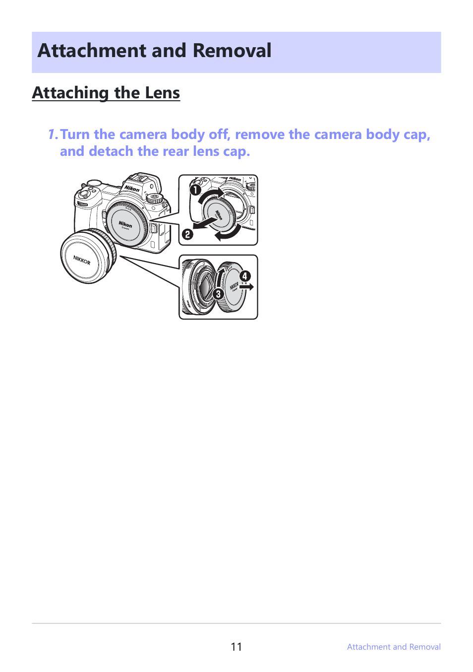 Attachment and removal, Attaching the lens | Nikon NIKKOR Z 26mm f/2.8 Lens (Z) User Manual | Page 11 / 26