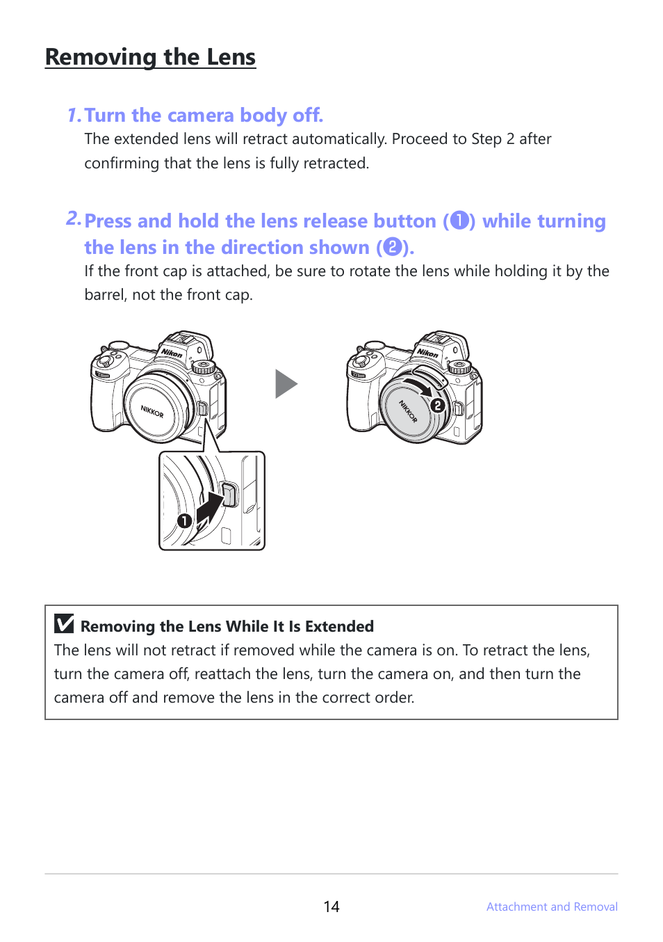 Removing the lens | Nikon NIKKOR Z 26mm f/2.8 Lens (Z) User Manual | Page 14 / 26