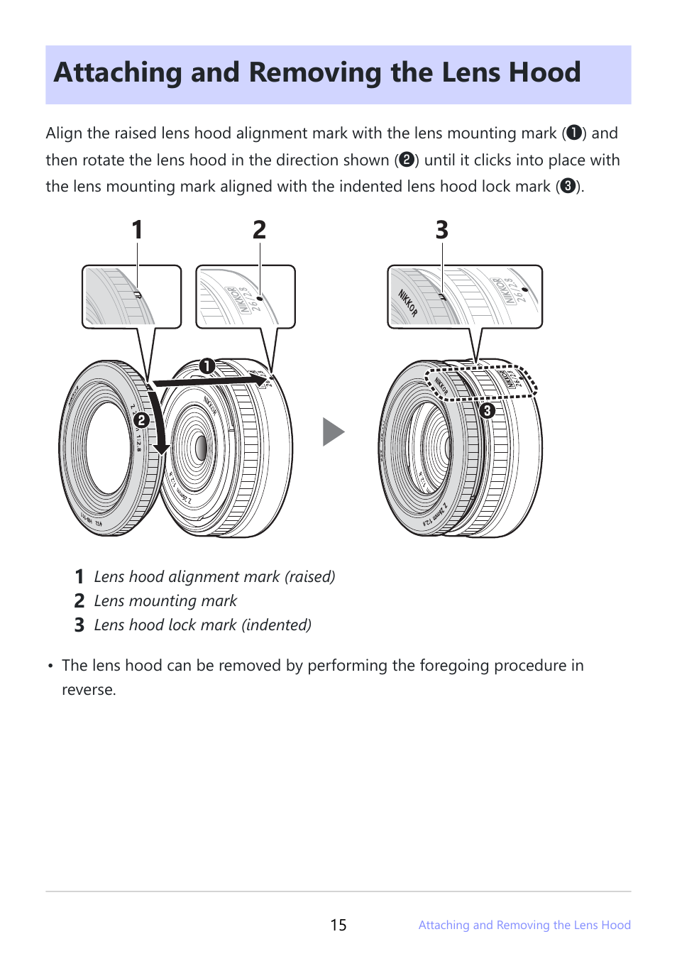 Attaching and removing the lens hood | Nikon NIKKOR Z 26mm f/2.8 Lens (Z) User Manual | Page 15 / 26