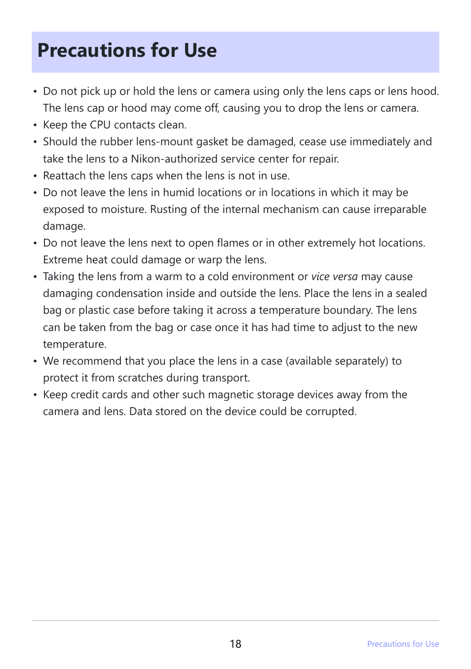 Precautions for use | Nikon NIKKOR Z 26mm f/2.8 Lens (Z) User Manual | Page 18 / 26
