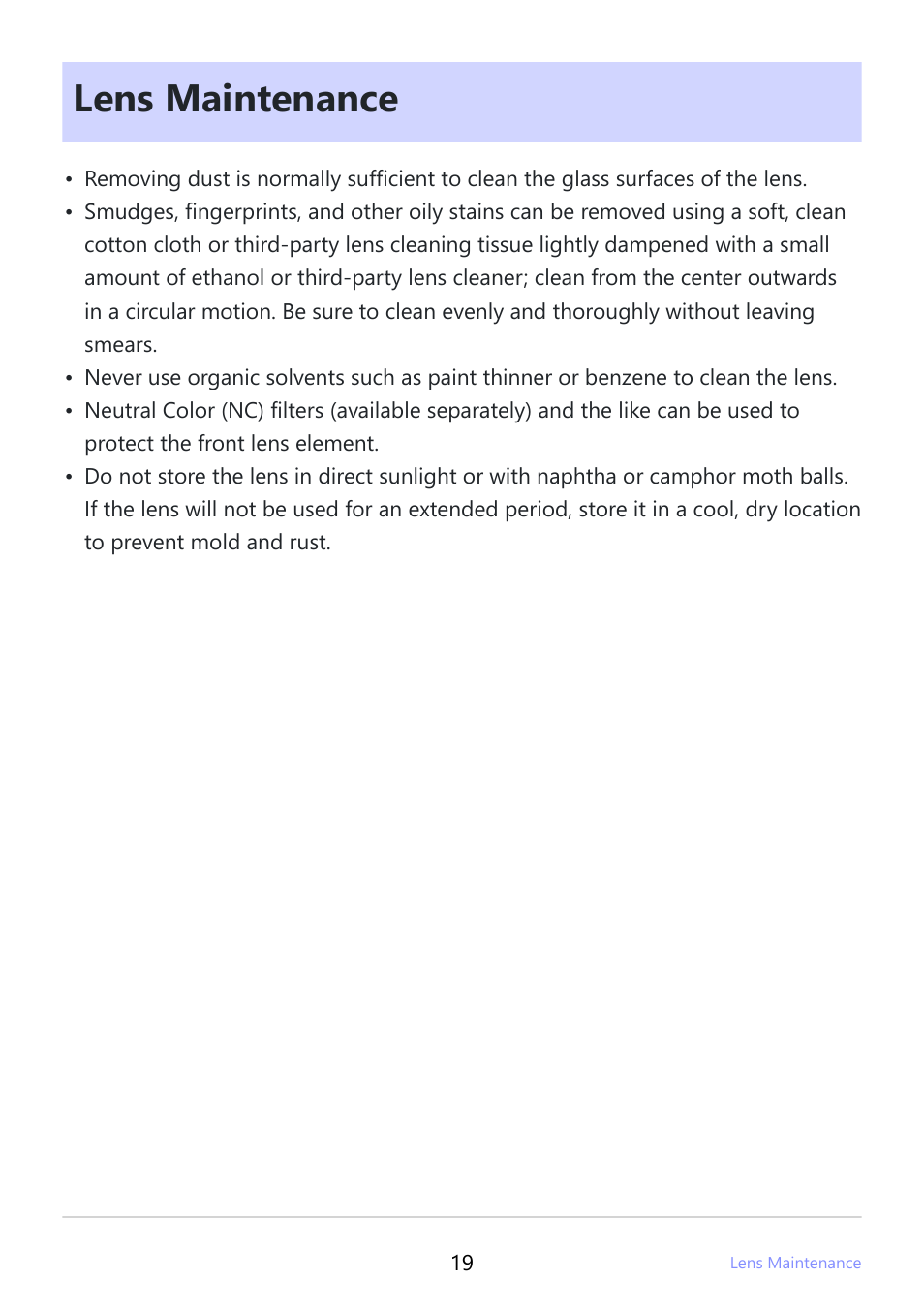 Lens maintenance | Nikon NIKKOR Z 26mm f/2.8 Lens (Z) User Manual | Page 19 / 26