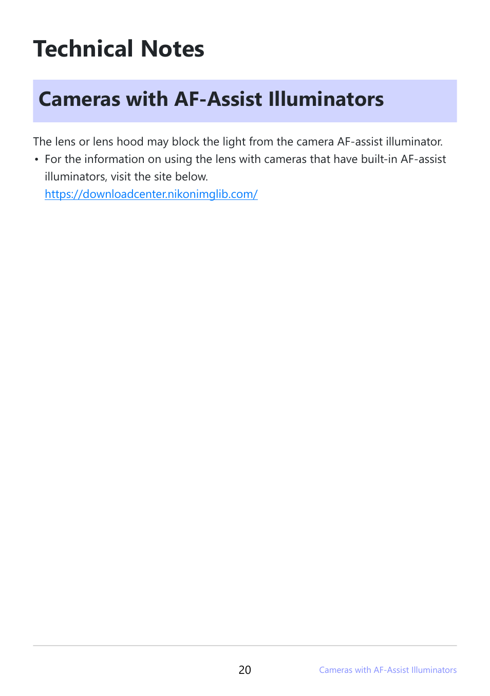 Technical notes, Cameras with af-assist illuminators | Nikon NIKKOR Z 26mm f/2.8 Lens (Z) User Manual | Page 20 / 26