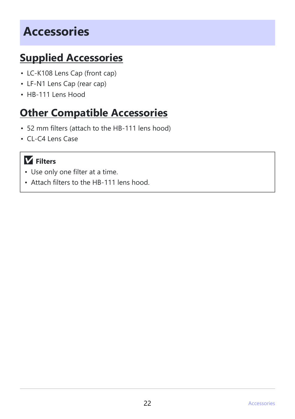 Accessories, Supplied accessories, Other compatible accessories | Nikon NIKKOR Z 26mm f/2.8 Lens (Z) User Manual | Page 22 / 26