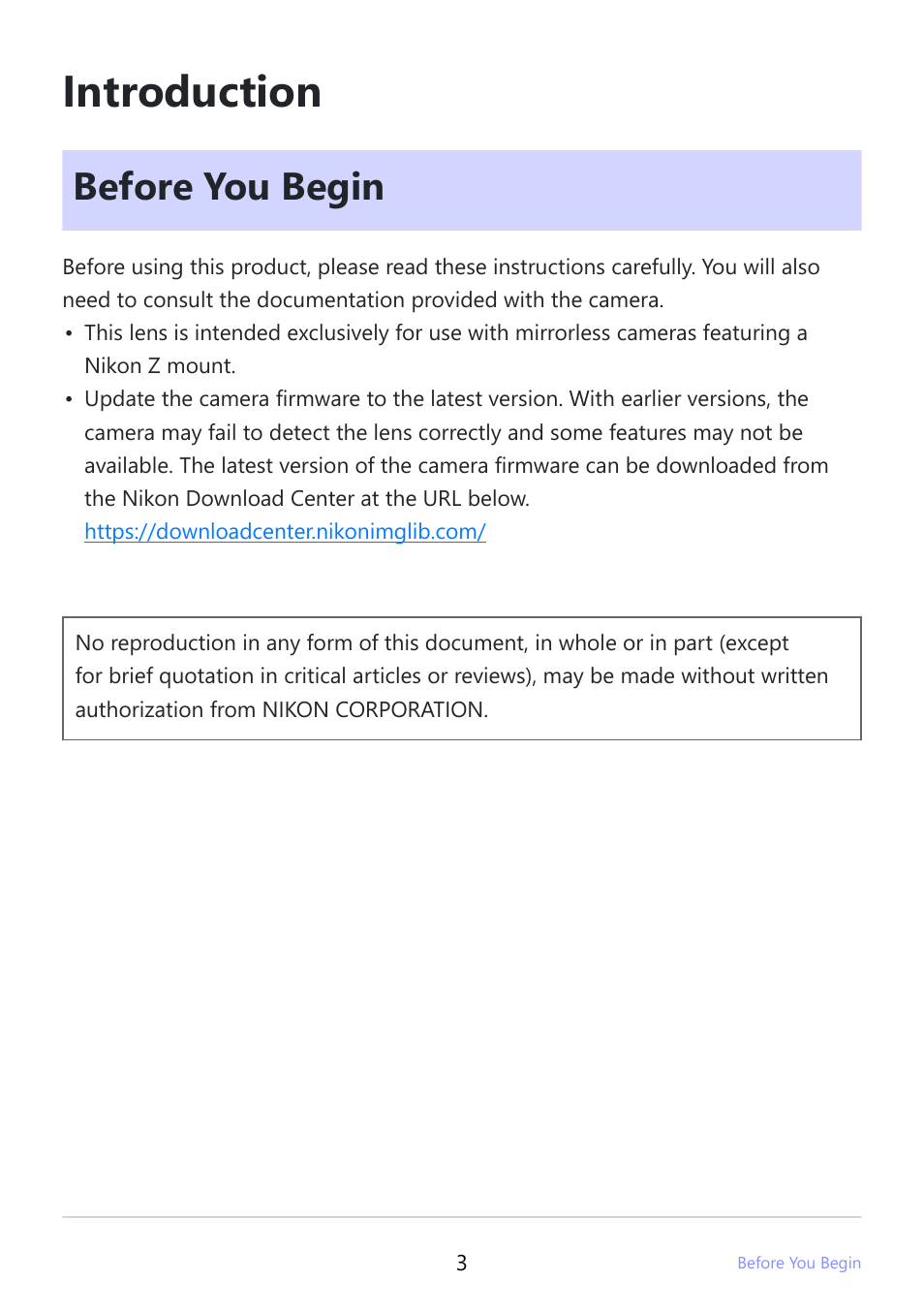 Introduction, Before you begin | Nikon NIKKOR Z 26mm f/2.8 Lens (Z) User Manual | Page 3 / 26
