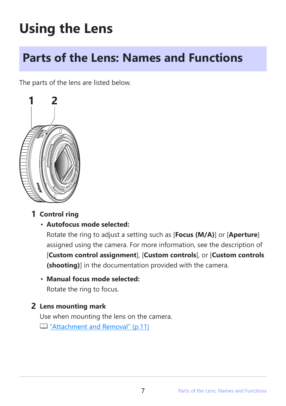 Using the lens, Parts of the lens: names and functions | Nikon NIKKOR Z 26mm f/2.8 Lens (Z) User Manual | Page 7 / 26