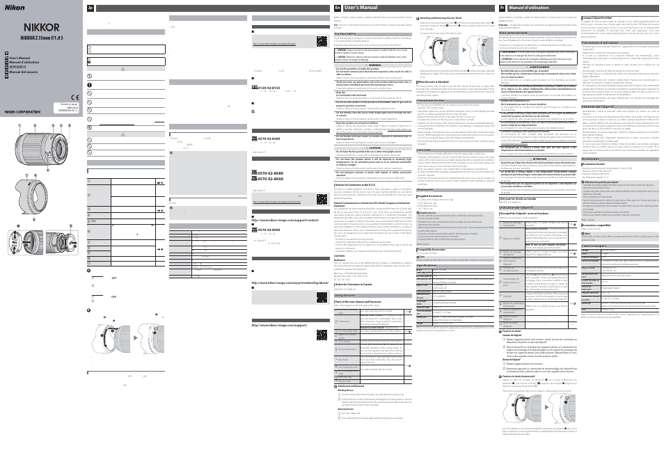 Nikon NIKKOR Z 35mm f/1.8 S Lens User Manual | 2 pages