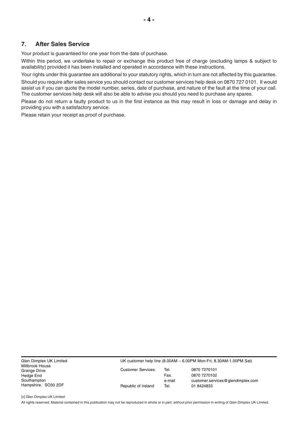 4 - 7. after sales service | Dimplex VALENCIA User Manual | Page 8 / 8