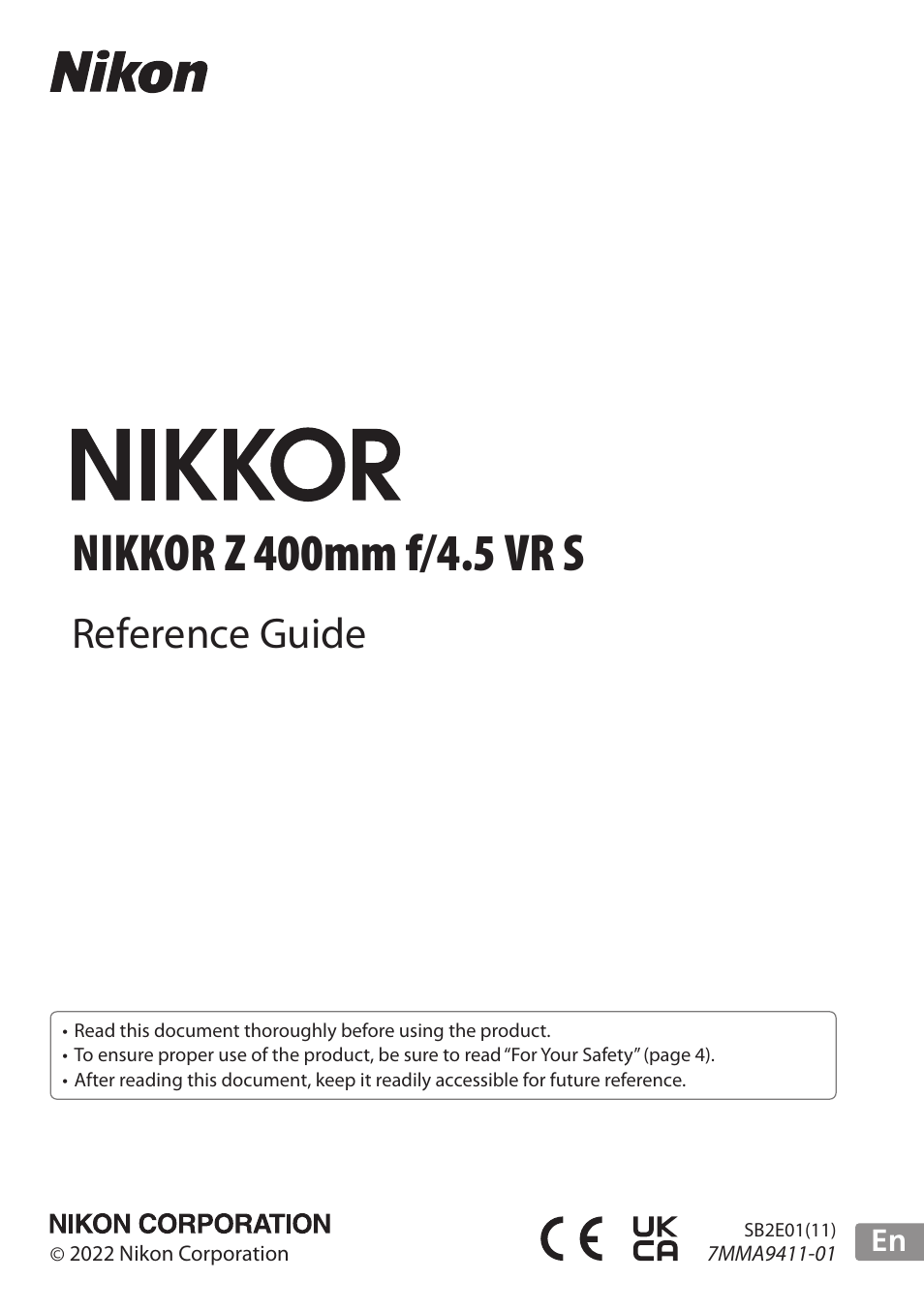 Nikon NIKKOR Z 400mm f/4.5 VR S Lens User Manual | 40 pages