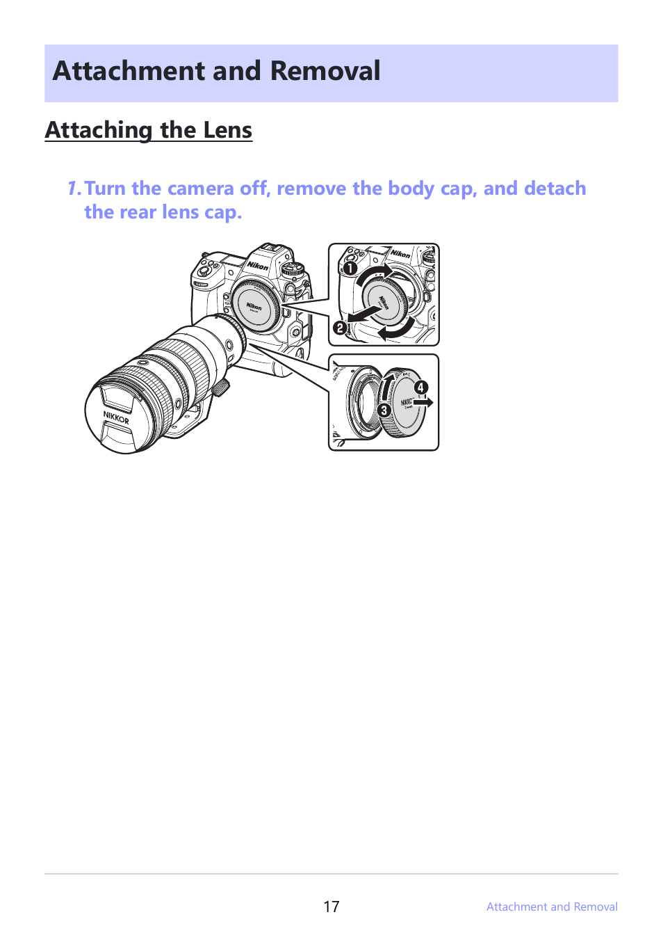 Attachment and removal, Attaching the lens | Nikon NIKKOR Z 400mm f/4.5 VR S Lens User Manual | Page 17 / 40