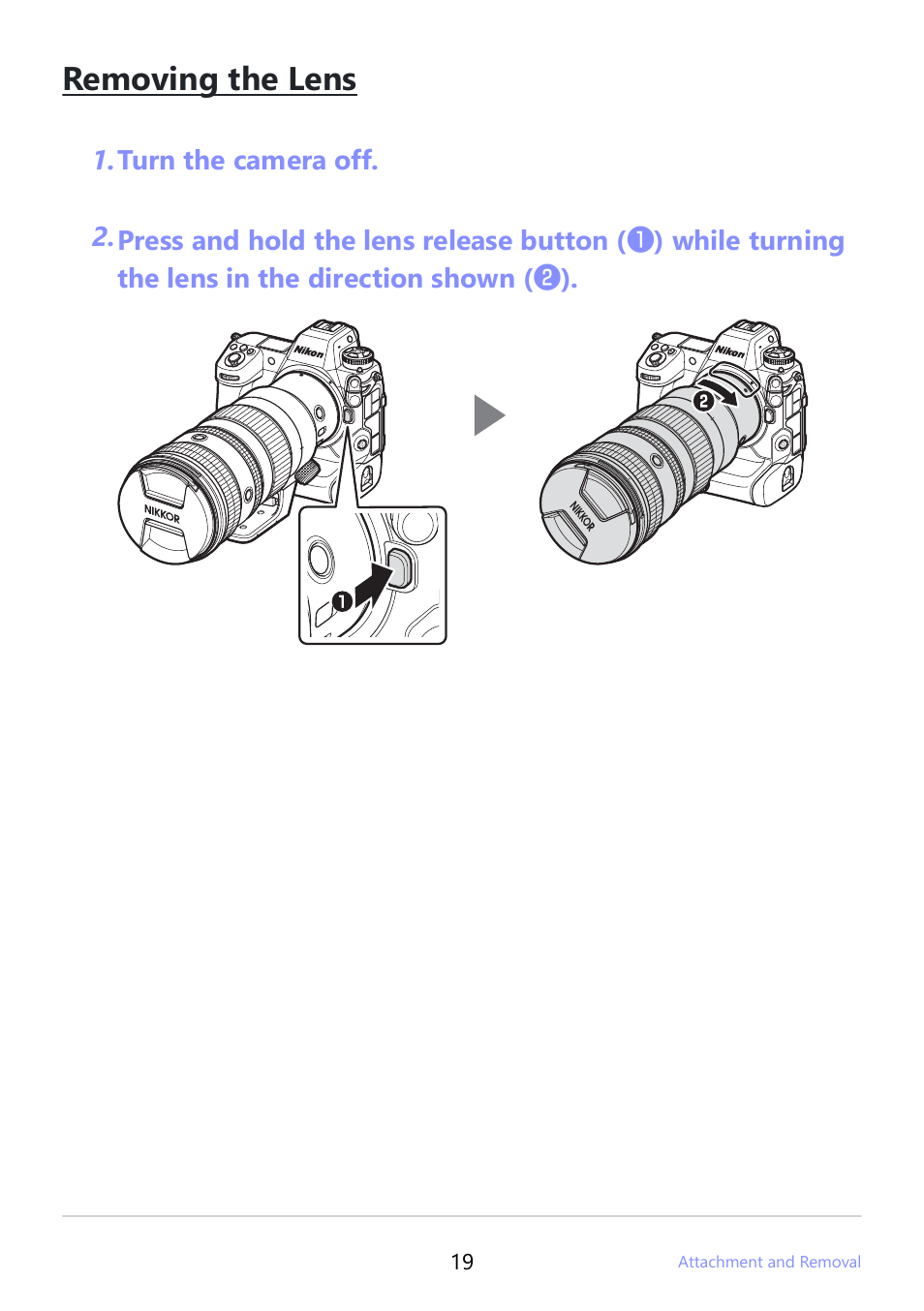 Removing the lens | Nikon NIKKOR Z 400mm f/4.5 VR S Lens User Manual | Page 19 / 40