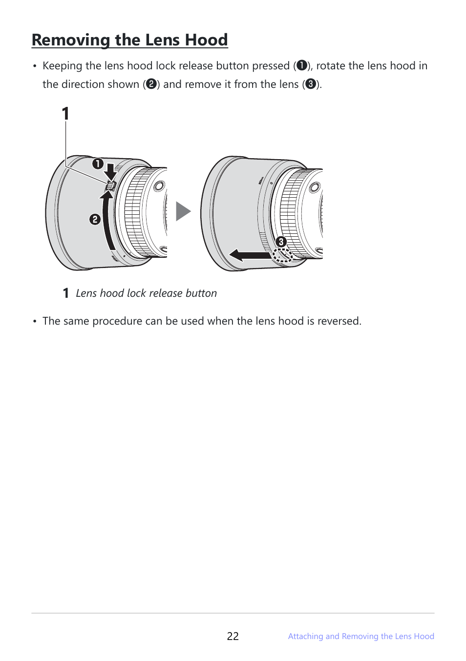 Removing the lens hood | Nikon NIKKOR Z 400mm f/4.5 VR S Lens User Manual | Page 22 / 40