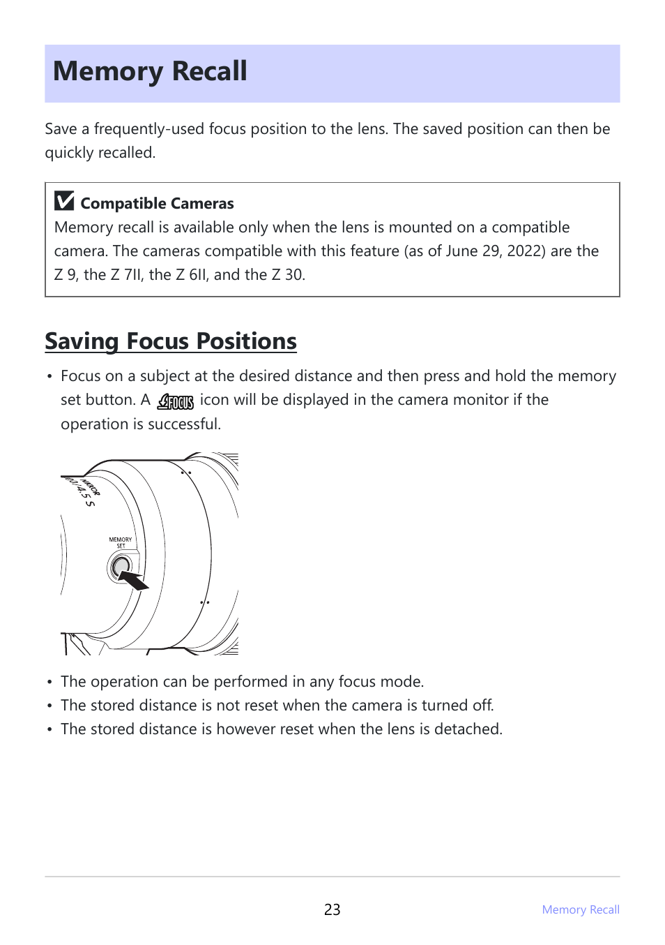 Memory recall, Saving focus positions | Nikon NIKKOR Z 400mm f/4.5 VR S Lens User Manual | Page 23 / 40