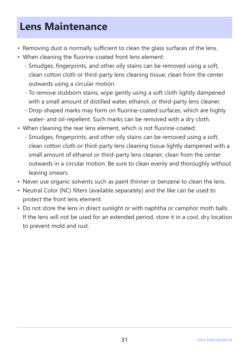 Lens maintenance | Nikon NIKKOR Z 400mm f/4.5 VR S Lens User Manual | Page 31 / 40