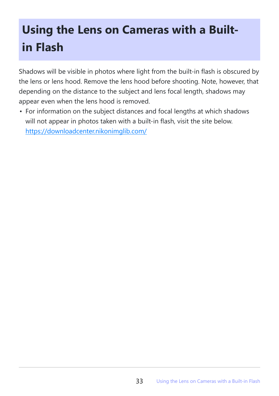 Using the lens on cameras with a built-in flash, Using the lens on cameras with a built- in flash | Nikon NIKKOR Z 400mm f/4.5 VR S Lens User Manual | Page 33 / 40