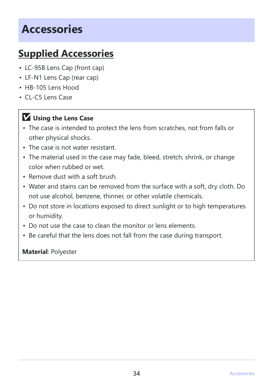 Accessories, Supplied accessories | Nikon NIKKOR Z 400mm f/4.5 VR S Lens User Manual | Page 34 / 40