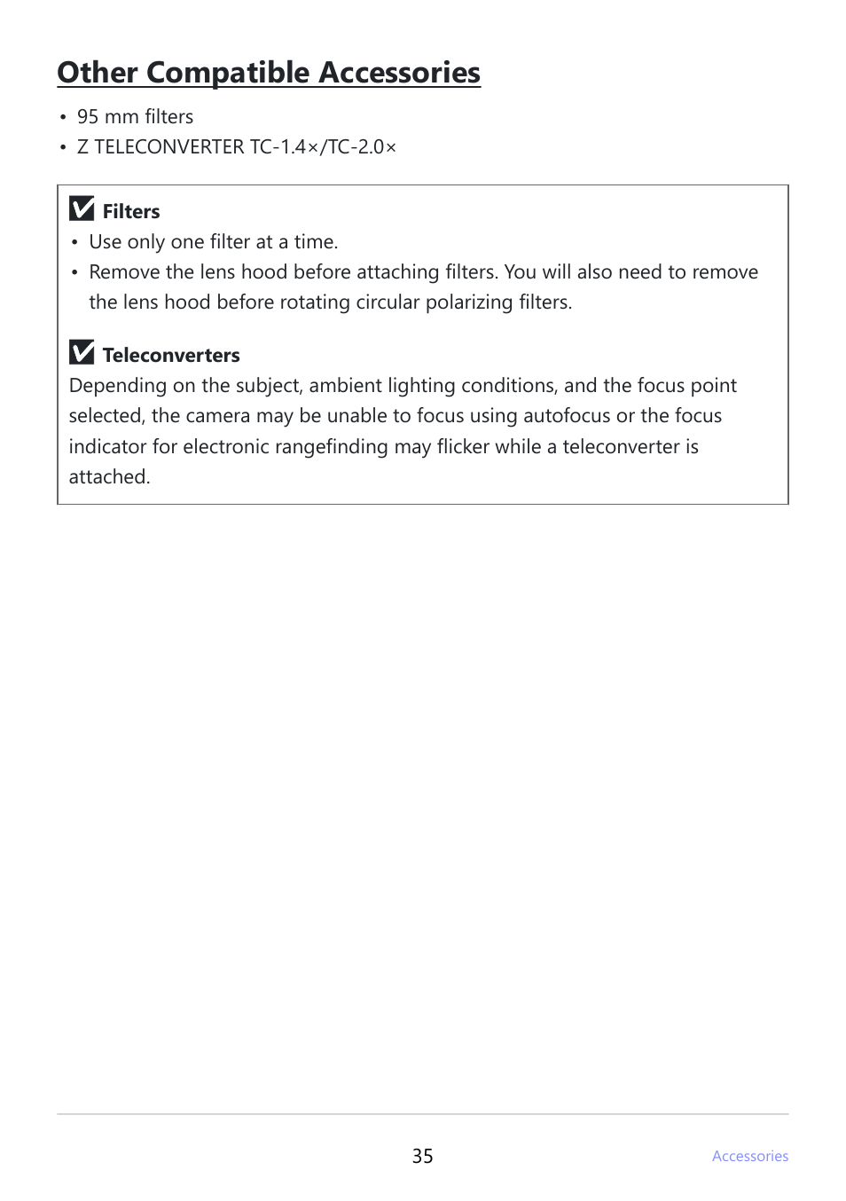 Other compatible accessories | Nikon NIKKOR Z 400mm f/4.5 VR S Lens User Manual | Page 35 / 40