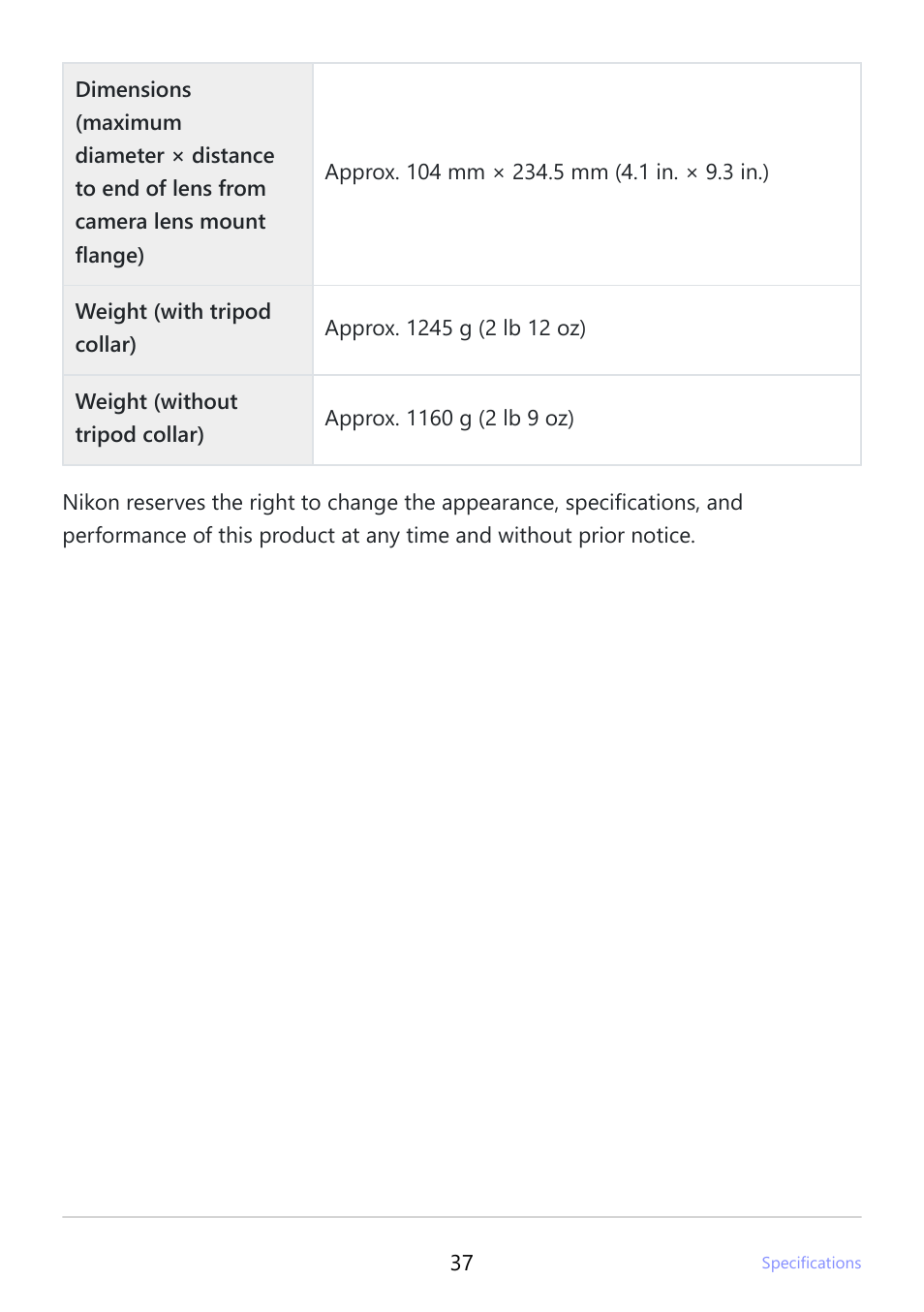 Nikon NIKKOR Z 400mm f/4.5 VR S Lens User Manual | Page 37 / 40