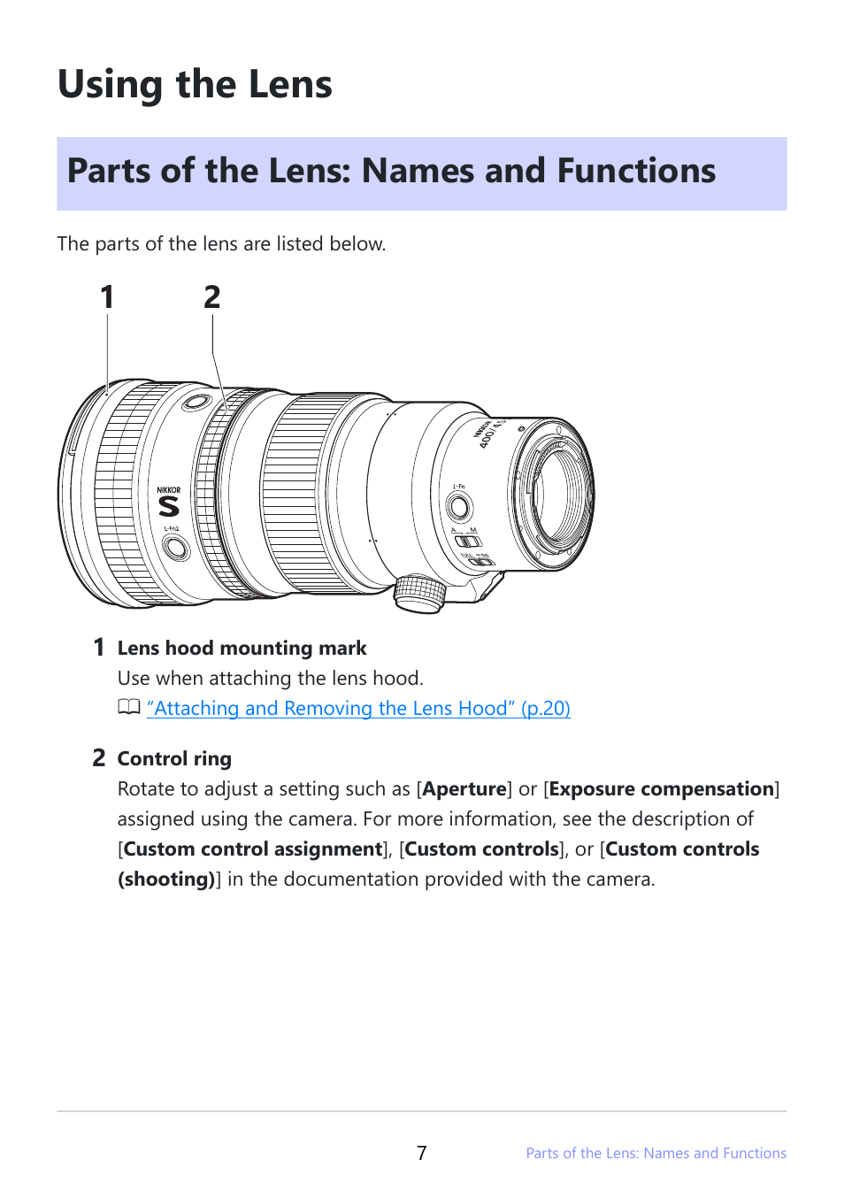 Using the lens, Parts of the lens: names and functions | Nikon NIKKOR Z 400mm f/4.5 VR S Lens User Manual | Page 7 / 40