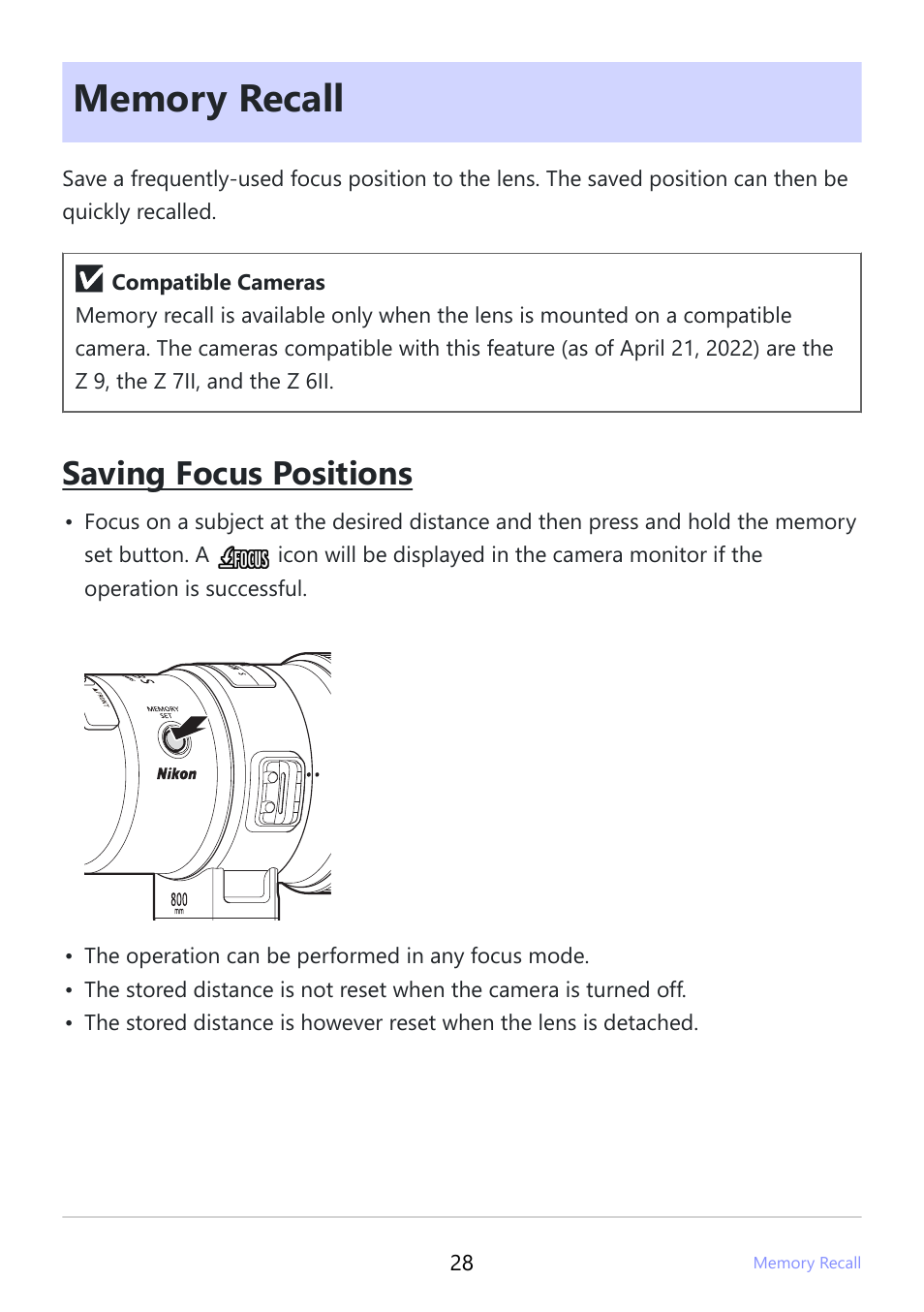 Memory recall, Saving focus positions | Nikon NIKKOR Z 800mm f/6.3 VR S Lens User Manual | Page 28 / 48