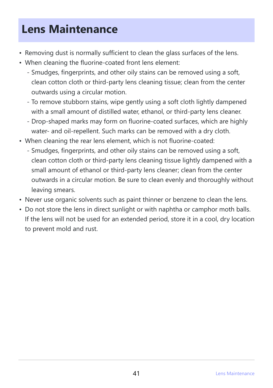 Lens maintenance | Nikon NIKKOR Z 800mm f/6.3 VR S Lens User Manual | Page 41 / 48