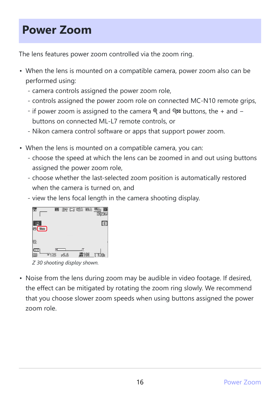 Power zoom, Power zoom” (p.16) | Nikon NIKKOR Z DX 12-28mm f/3.5-5.6 PZ VR Lens (Z) User Manual | Page 16 / 28