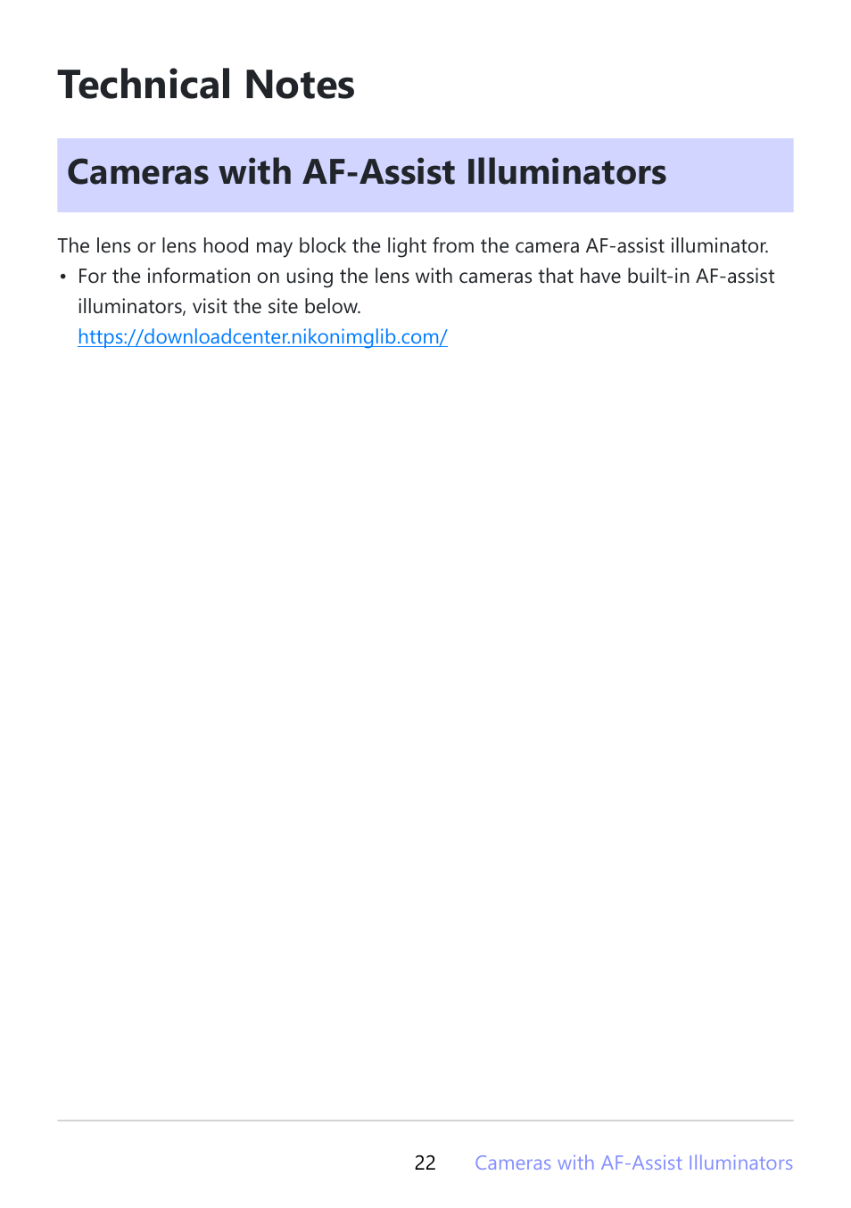 Technical notes, Cameras with af-assist illuminators | Nikon NIKKOR Z DX 12-28mm f/3.5-5.6 PZ VR Lens (Z) User Manual | Page 22 / 28