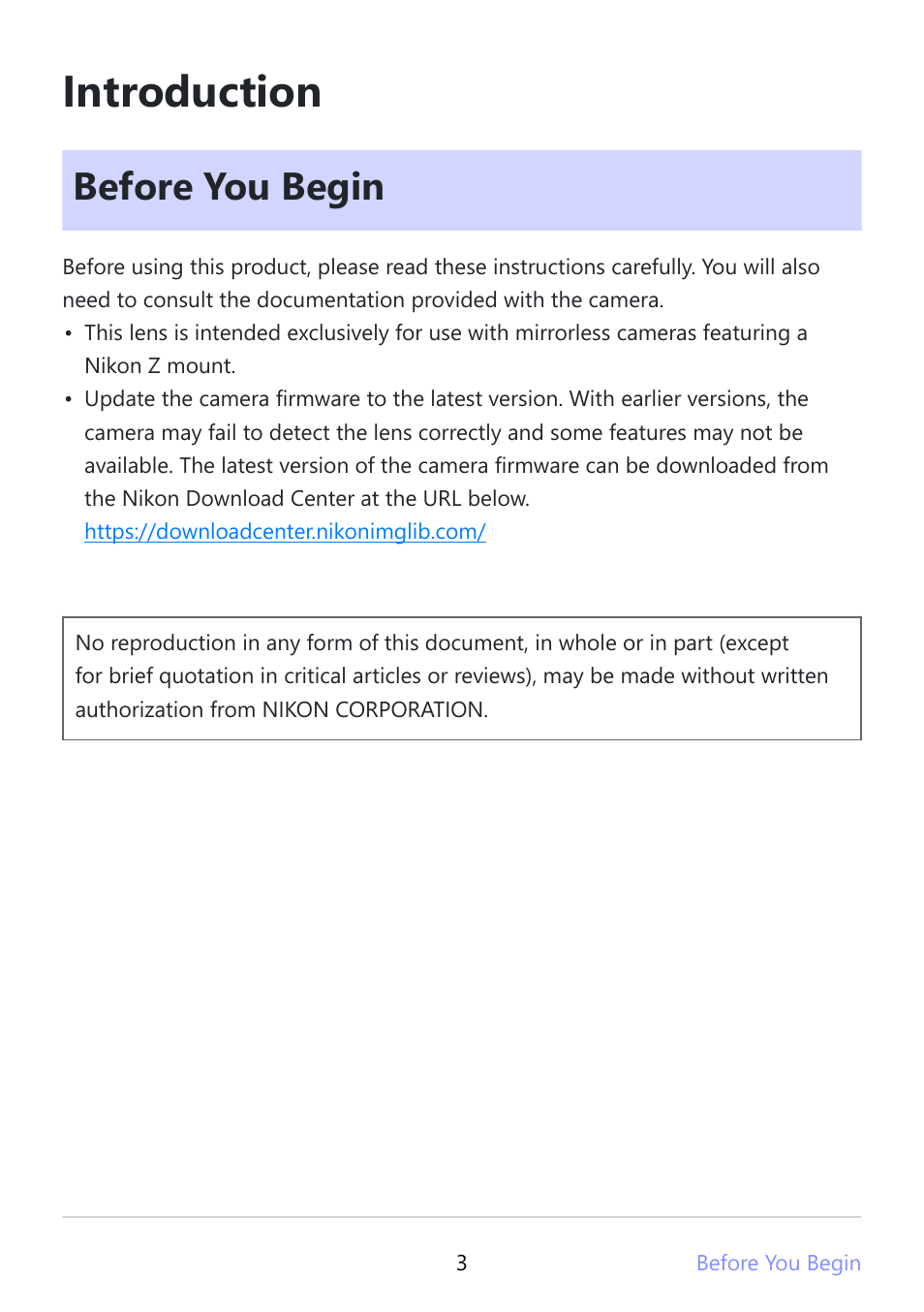 Introduction, Before you begin | Nikon NIKKOR Z DX 12-28mm f/3.5-5.6 PZ VR Lens (Z) User Manual | Page 3 / 28