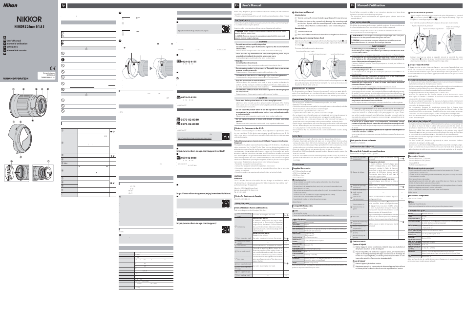 Nikon NIKKOR Z 24mm f/1.8 S Lens User Manual | 2 pages