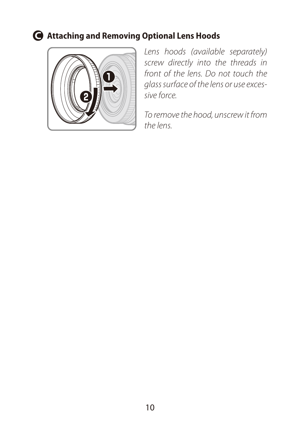 C attaching and removing optional lens hoods | Nikon NIKKOR Z DX 16-50mm f/3.5-6.3 VR Lens (Black) User Manual | Page 10 / 16