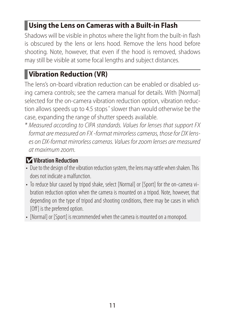 Using the lens on cameras with a built-in flash, Vibration reduction (vr) | Nikon NIKKOR Z DX 16-50mm f/3.5-6.3 VR Lens (Black) User Manual | Page 11 / 16