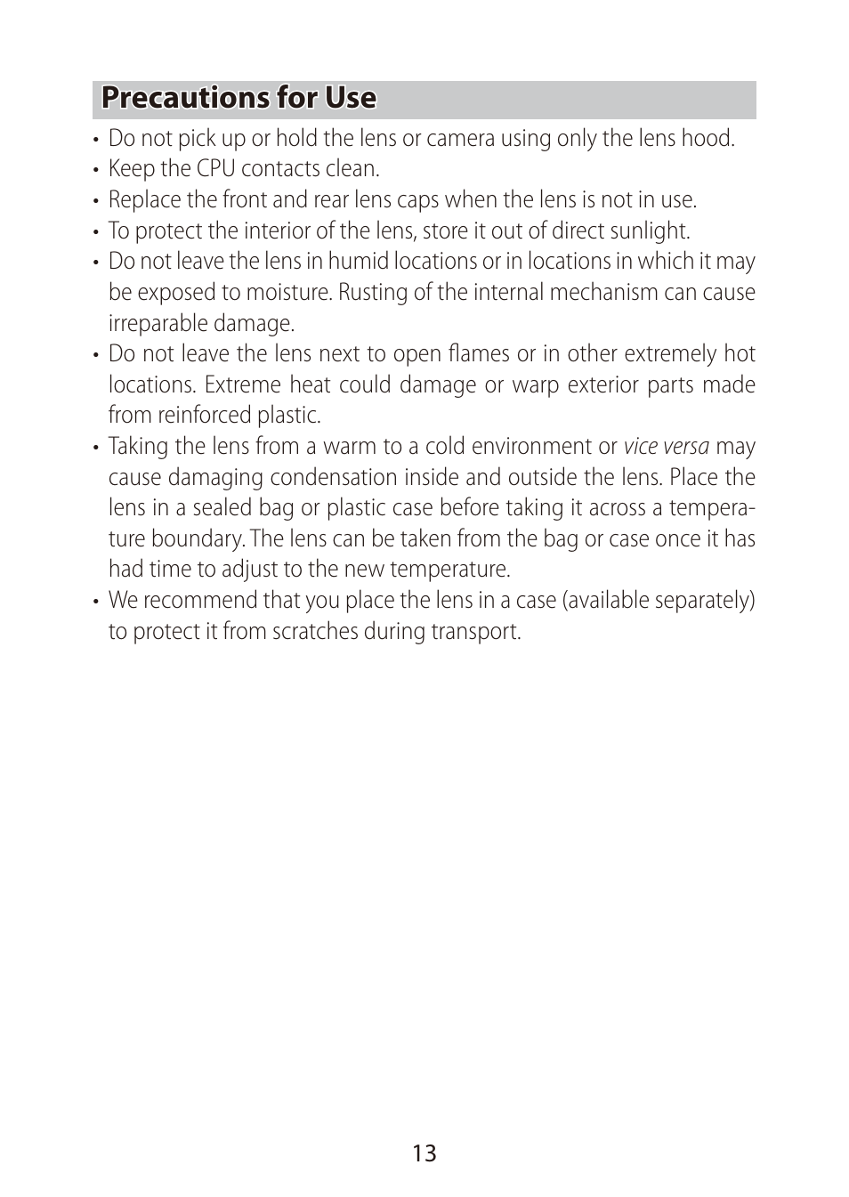 Precautions for use | Nikon NIKKOR Z DX 16-50mm f/3.5-6.3 VR Lens (Black) User Manual | Page 13 / 16