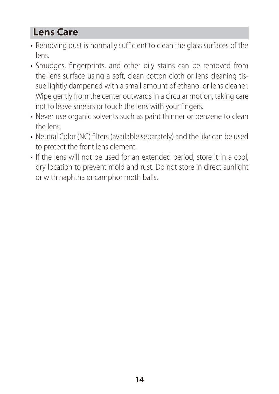 Lens care | Nikon NIKKOR Z DX 16-50mm f/3.5-6.3 VR Lens (Black) User Manual | Page 14 / 16