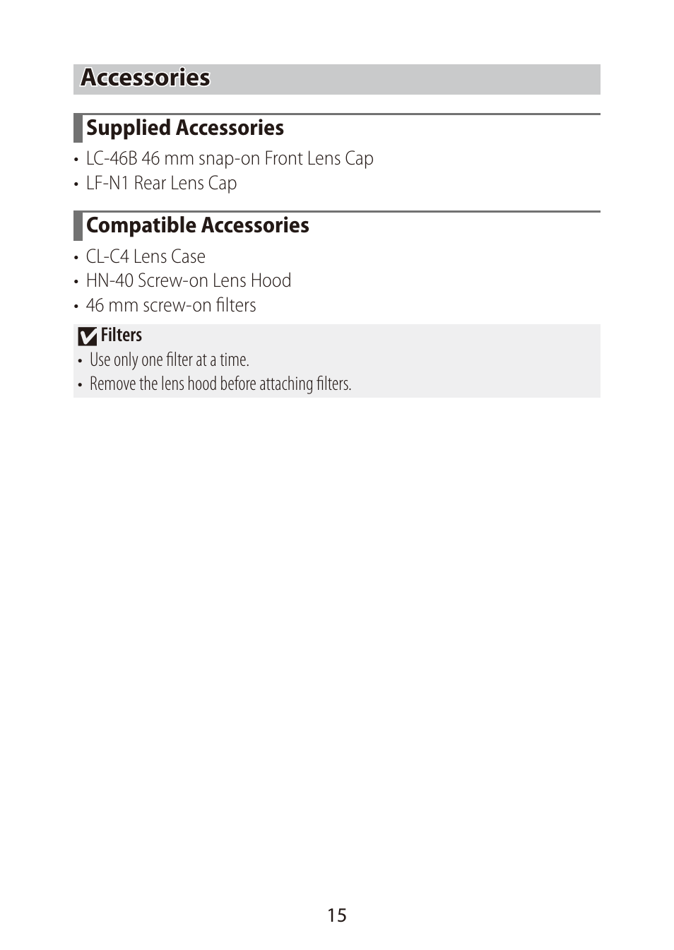 Accessories, Supplied accessories, Compatible accessories | Nikon NIKKOR Z DX 16-50mm f/3.5-6.3 VR Lens (Black) User Manual | Page 15 / 16