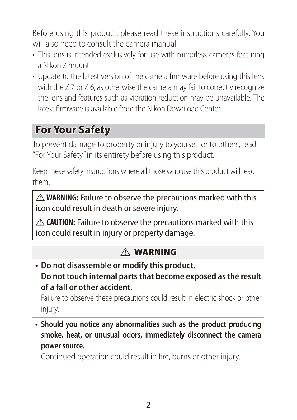 For your safety | Nikon NIKKOR Z DX 16-50mm f/3.5-6.3 VR Lens (Black) User Manual | Page 2 / 16