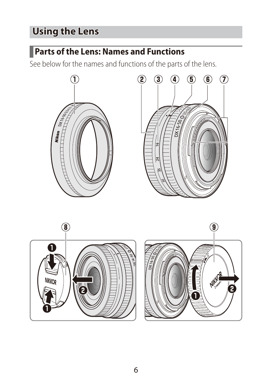 Using the lens, Parts of the lens: names and functions | Nikon NIKKOR Z DX 16-50mm f/3.5-6.3 VR Lens (Black) User Manual | Page 6 / 16