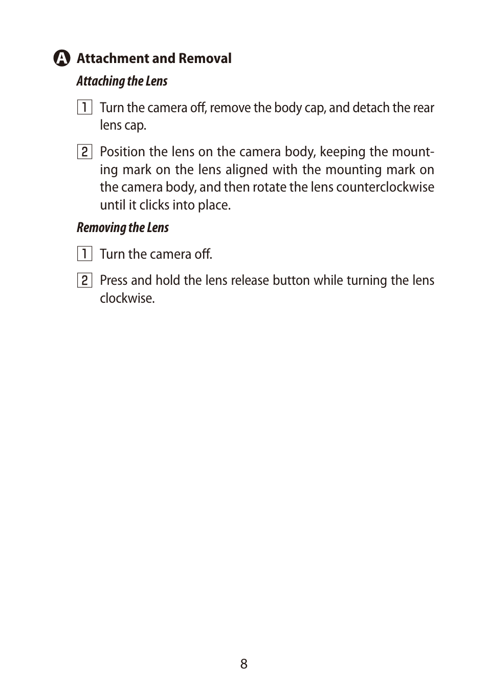 A attachment and removal | Nikon NIKKOR Z DX 16-50mm f/3.5-6.3 VR Lens (Black) User Manual | Page 8 / 16