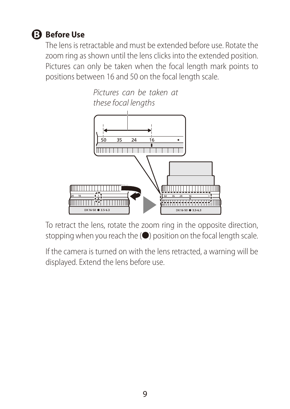 B before use | Nikon NIKKOR Z DX 16-50mm f/3.5-6.3 VR Lens (Black) User Manual | Page 9 / 16