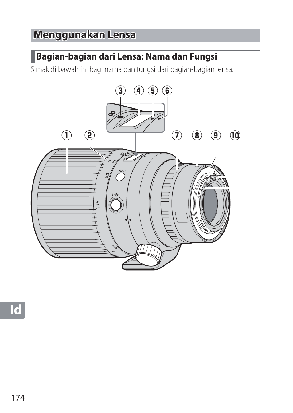 Menggunakan lensa, Bagian-bagian dari lensa: nama dan fungsi | Nikon NIKKOR Z 58mm f/0.95 S Noct Lens (Refurbished by USA) User Manual | Page 174 / 213