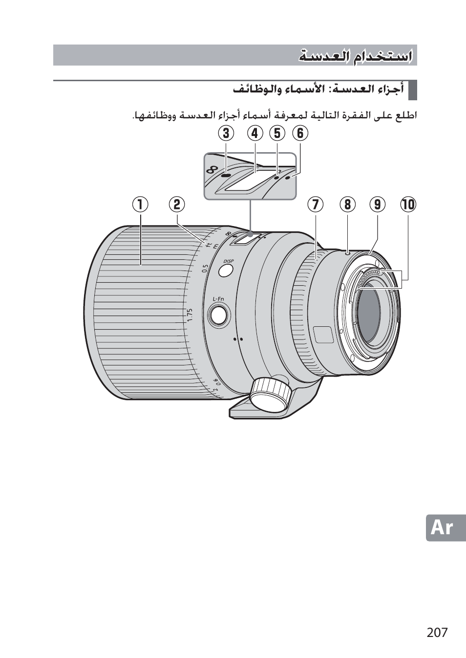 استخدام العدسة, أجزاء العدسة: الأسماء والوظائف, ǀŵǌưžț ȳțǌƈƅŵț ǀŵǌưžț ȳțǌƈƅŵț | Nikon NIKKOR Z 58mm f/0.95 S Noct Lens (Refurbished by USA) User Manual | Page 207 / 213