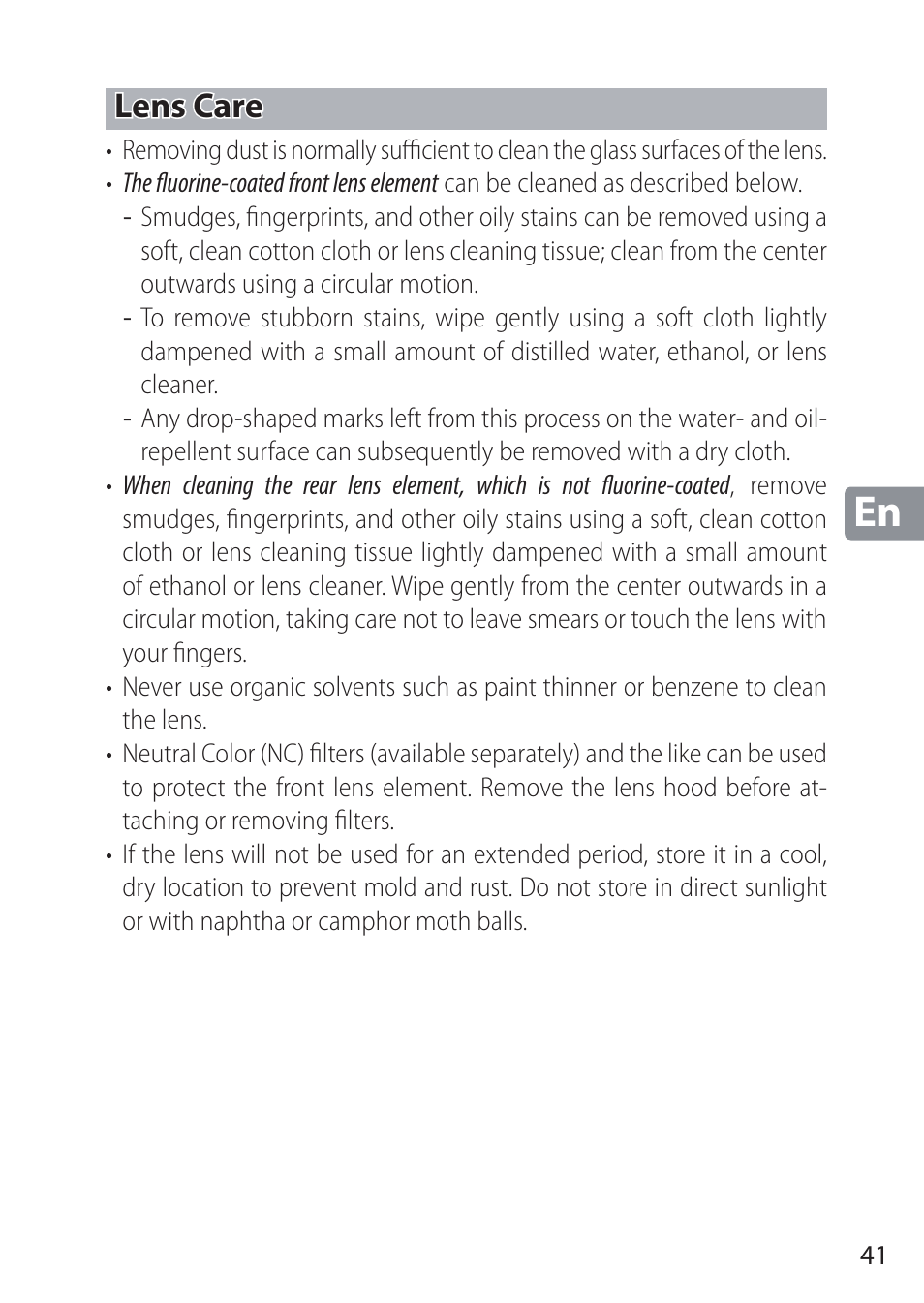 Lens care | Nikon NIKKOR Z 58mm f/0.95 S Noct Lens (Refurbished by USA) User Manual | Page 41 / 213