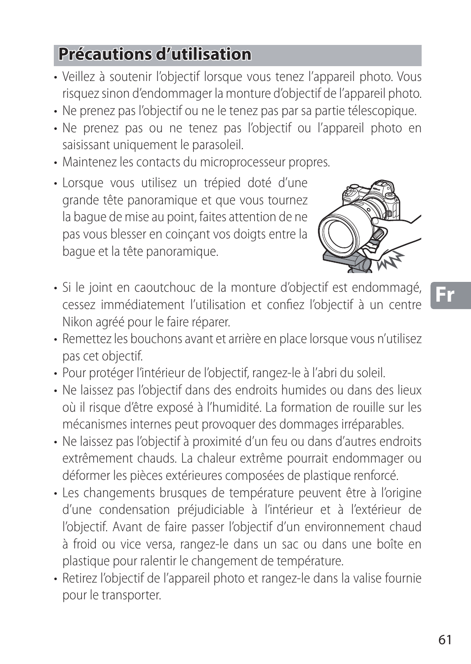 Précautions d’utilisation | Nikon NIKKOR Z 58mm f/0.95 S Noct Lens (Refurbished by USA) User Manual | Page 61 / 213