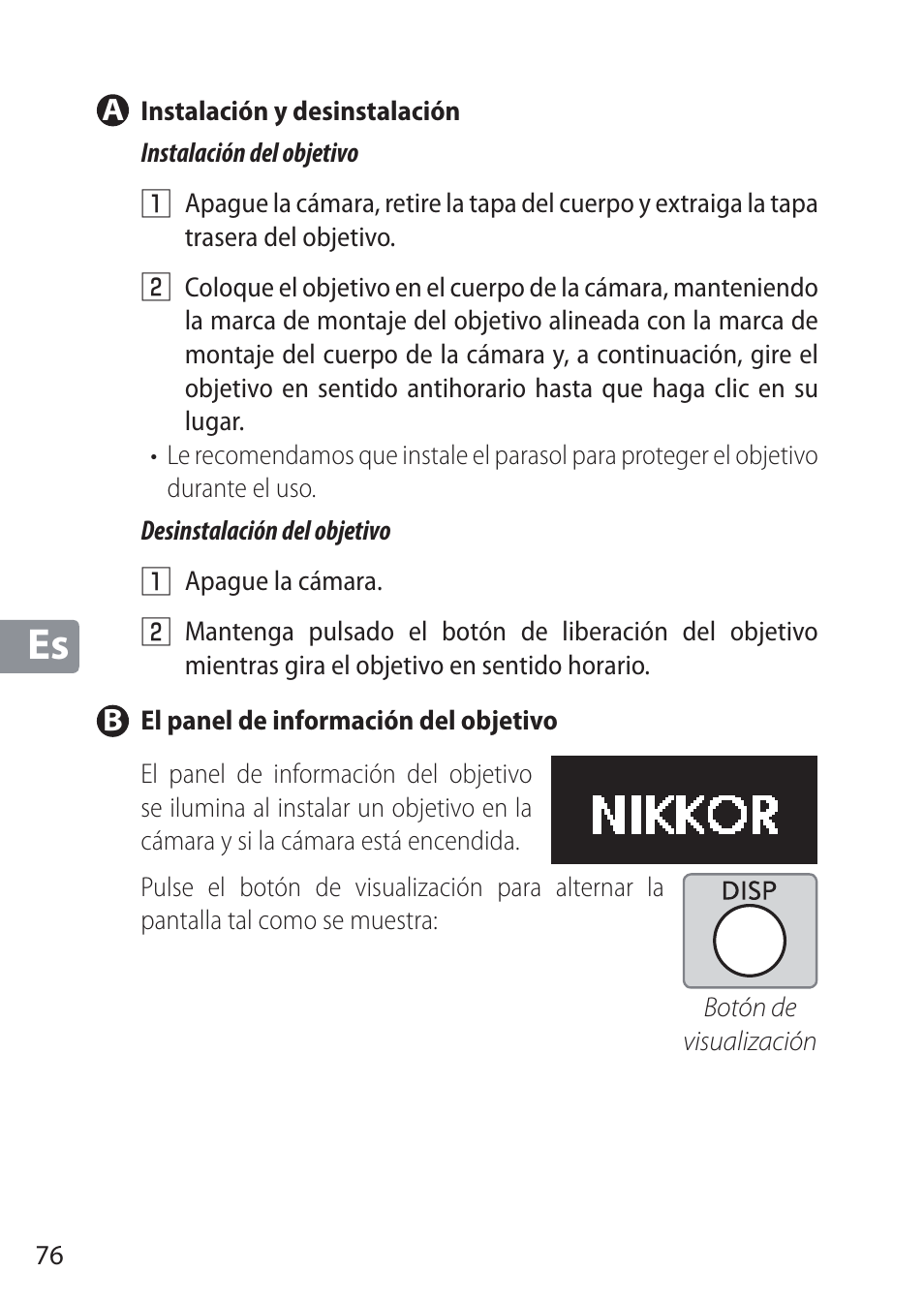 A instalación y desinstalación, B el panel de información del objetivo | Nikon NIKKOR Z 58mm f/0.95 S Noct Lens (Refurbished by USA) User Manual | Page 76 / 213