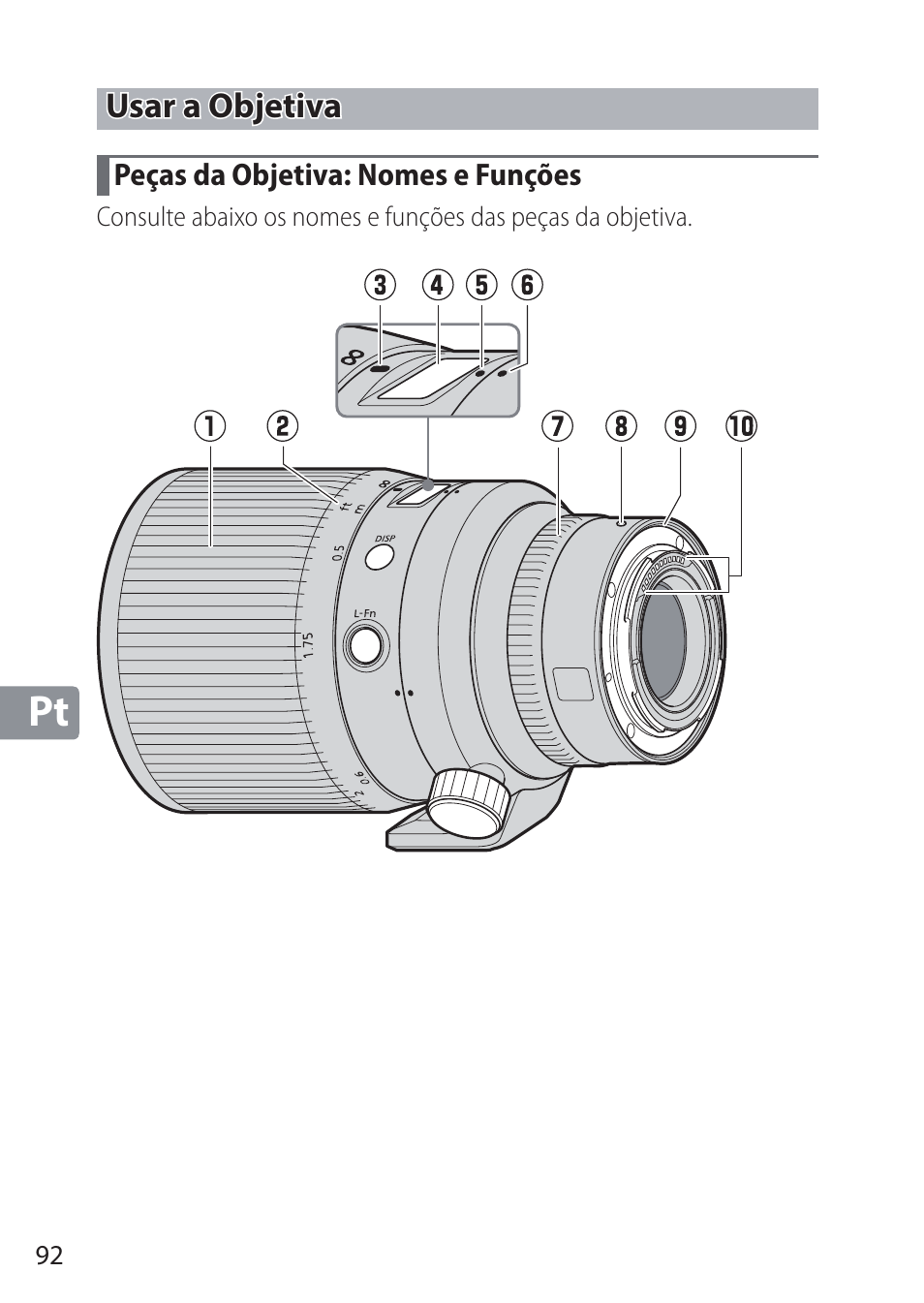 Usar a objetiva, Peças da objetiva: nomes e funções | Nikon NIKKOR Z 58mm f/0.95 S Noct Lens (Refurbished by USA) User Manual | Page 92 / 213