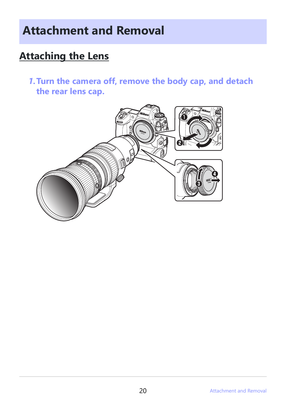 Attachment and removal, Attaching the lens | Nikon NIKKOR Z 400mm f/2.8 TC VR S Lens User Manual | Page 20 / 53