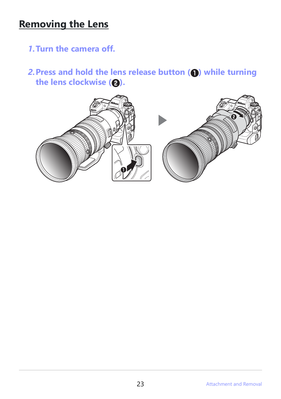 Removing the lens | Nikon NIKKOR Z 400mm f/2.8 TC VR S Lens User Manual | Page 23 / 53