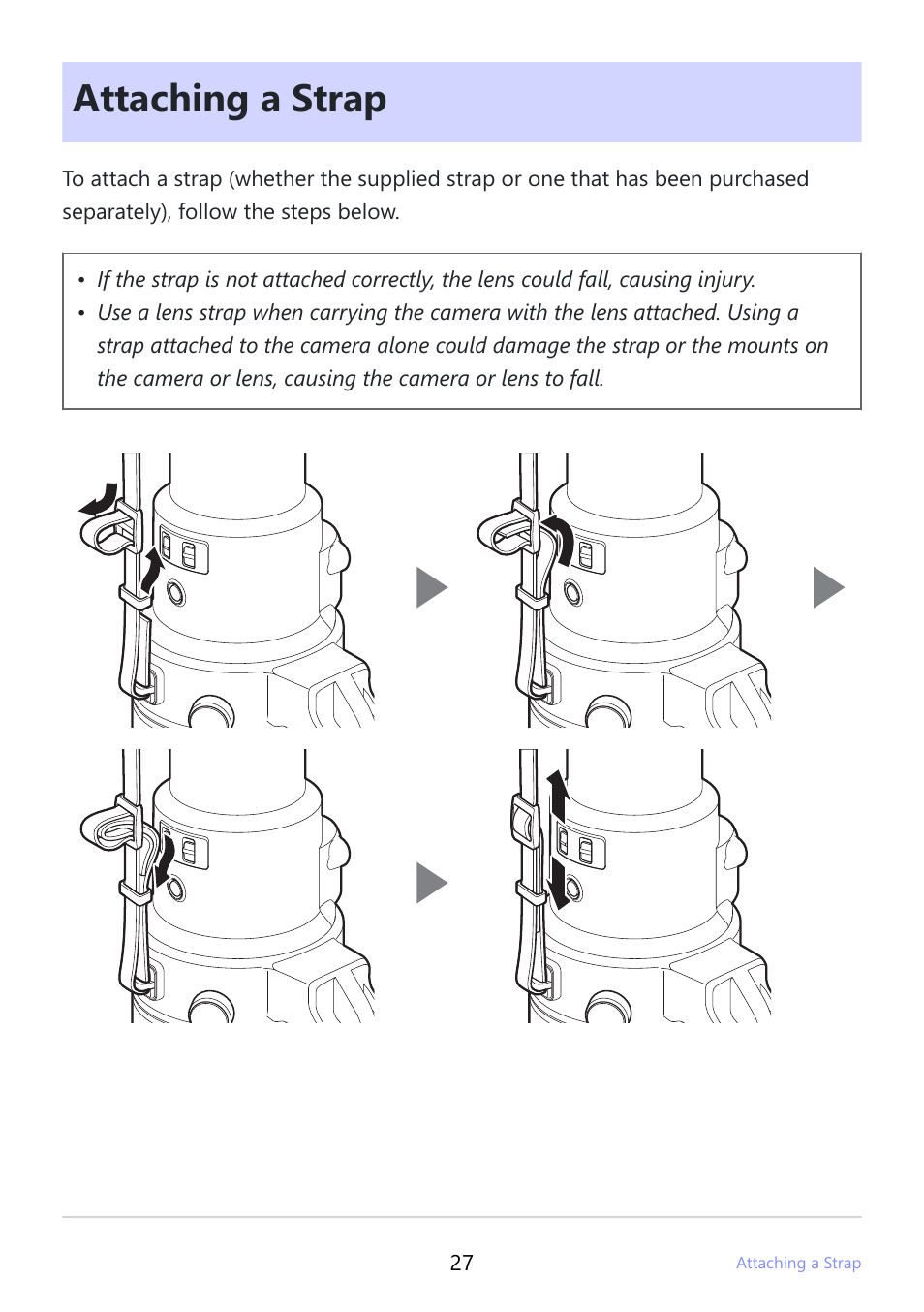 Attaching a strap, Attaching a strap” (p.27) | Nikon NIKKOR Z 400mm f/2.8 TC VR S Lens User Manual | Page 27 / 53