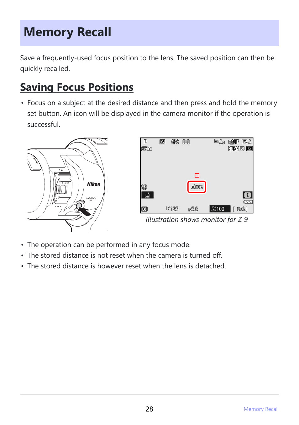 Memory recall, Memory recall” (p.28), Saving focus positions | Nikon NIKKOR Z 400mm f/2.8 TC VR S Lens User Manual | Page 28 / 53